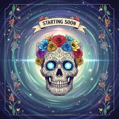 A vibrant illustration of a sugar skull adorned with colorful flowers, set against a backdrop of swirling space, radiating an aura of celebration and mystique.