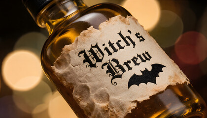 Witch's Brew bottle with vintage label on blurred background for Halloween  