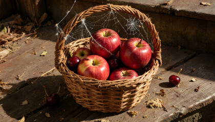 Red apples in wicker basket with spider webs on wooden steps  