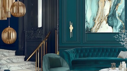 Beautiful Apartment, Sofa, Chair, Dining Table wall Mockup Interior design of modern living room