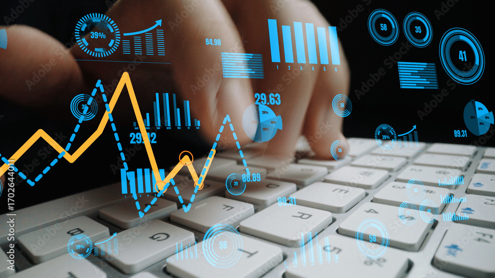 Aufkleber a close-up view of hands typing on a keyboard surrounded by vibrant analytical data charts and graph