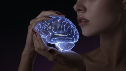 Human hand holding glowing abstract brain with light rays palm open