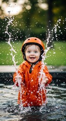 A joyful toddler, wearing an orange waterproof coat and a matching helmet, plays in the water, surrounded by splashing water droplets.