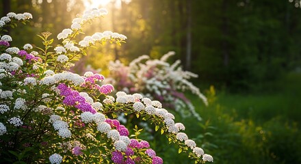 A vibrant display of white and pink flowers, bathed in the warm glow of sunlight, creates a picturesque garden scene.