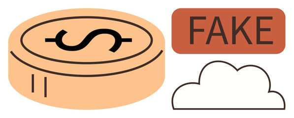 Fake coin with dollar sign, bold FAKE label, and abstract cloud graphic. Ideal for fraud detection, counterfeit warning, financial scams, fake information, fraud prevention, risk assessment simple