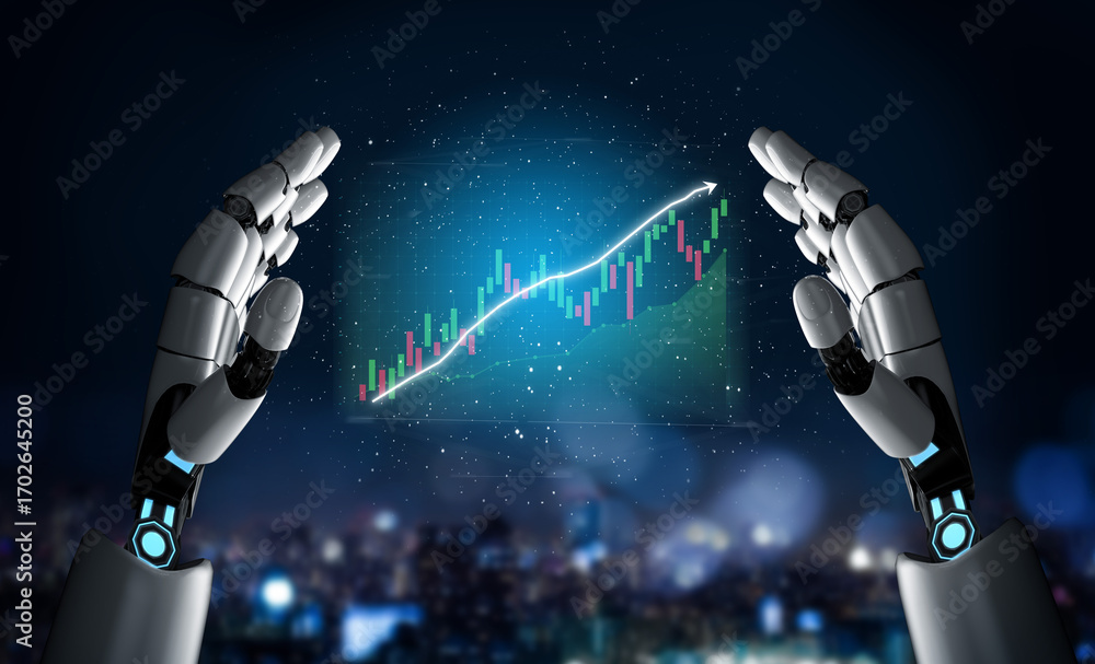 Poster this captivating image showcases futuristic robotic hands presenting a dynamic financial chart, symb