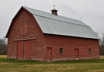 Old red barn with a metal roof in a grassy field