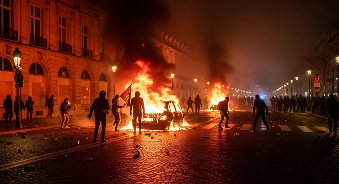 A nighttime street scene showcases intense unrest with vehicles ablaze amidst a crowd of protestors and law enforcement.