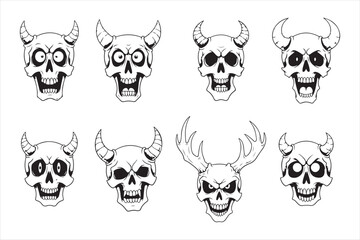 Fototapeta premium Collection of eight spooky skull designs with horns silhouette white background