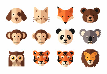 Cute cartoon animal faces emoji set featuring monkey, cat, tiger, panda, and dog expressions for sticker and digital design projects.