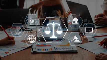 A modern office scene showcases the integration of technology in law practice, featuring visuals of scales, AI, and digital tools to enhance legal services and collaboration. Raster