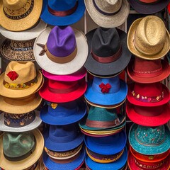 Colorful hats displayed in a store