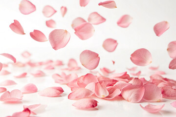 flying rose petals on a white background