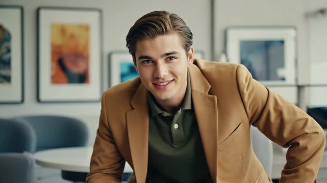 Close-Up Portrait of Confident Young American Man in Casual Blazer and Polo Shirt, Leaning Forward in Modern Office Lounge with Professional Atmosphere