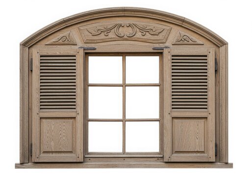 Ornate wooden arched window with shutters isolated on white background