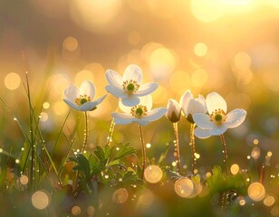 朝の光に包まれる白い小花と露の輝き