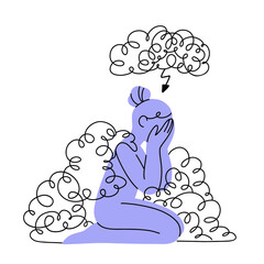 Flat vector illustration of a sad woman sitting on her knees and crying, surrounded by dark clouds of depressive thoughts. Mental disorder, anxiety, psychology concept for social media, advert, web.
