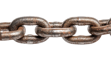 Obraz premium Close-up of a weathered metal chain. Rusty links form a horizontal row against a black background. The chain's texture is visible