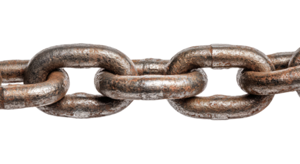 Close-up of a weathered metal chain.  Rusty links form a horizontal row against a black background.  The chain's texture is visible