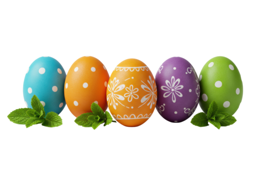 Five vibrantly decorated Easter eggs in blue, yellow, orange, purple, green with white patterns, mint leaves, isolated on transparent, high-angle studio shot, commercial holiday promotion