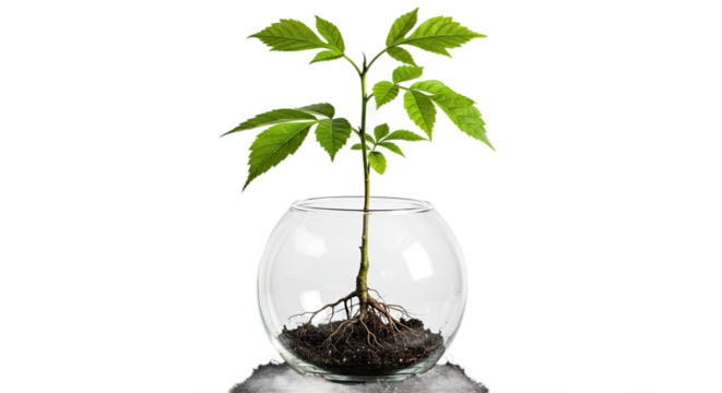 Vibrant Green Sapling in Clear Glass Sphere Against Soft Gradient Background: Perfect for Eco-Friendly Branding, Springtime Designs, and