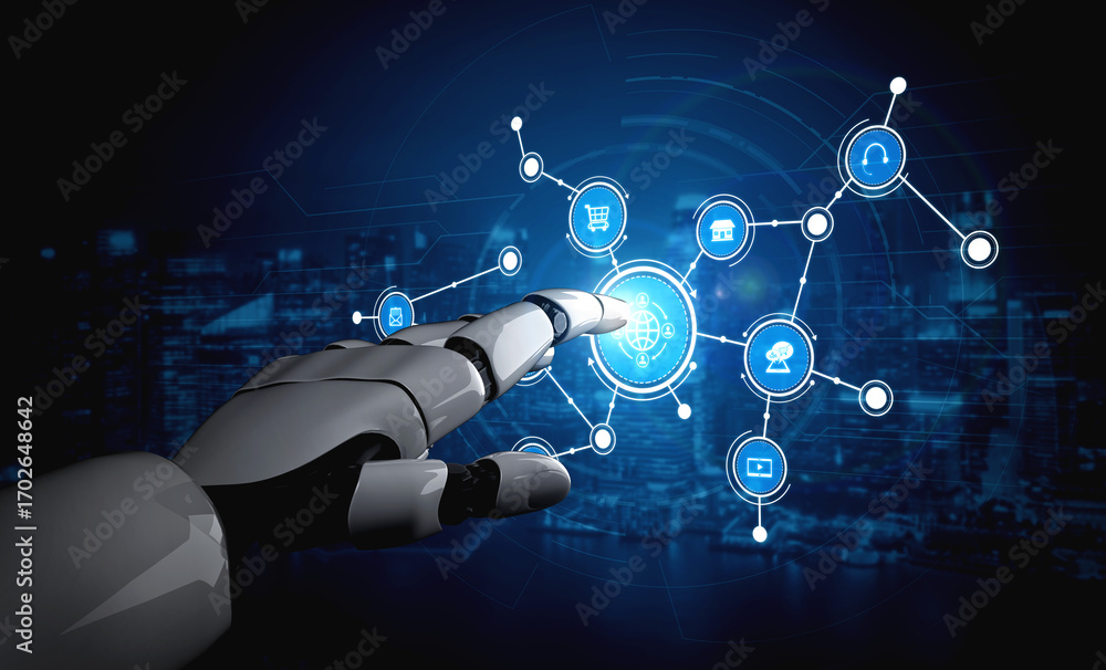 Aufkleber a futuristic robot hand reaches out to engage with a digital interface, symbolizing themes of innova