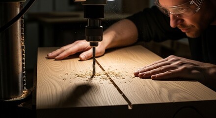 Dedicated craftsman wearing safety glasses carefully operates a drill press, boring a precise hole into a sturdy wooden board, creating wood shavings.