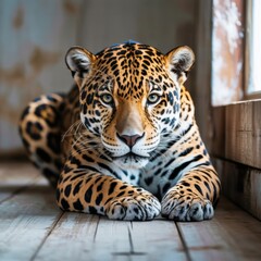 Obraz premium Ai generated image of closeup portrait of a jaguar lying on a wooden floor, its patterned fur and intense gaze capturing attention