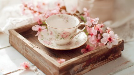 Vintage teacup with floral design on a wooden tray surrounded by cherry blossoms.