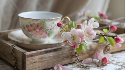 Vintage teacup with floral design on a wooden tray surrounded by cherry blossoms.