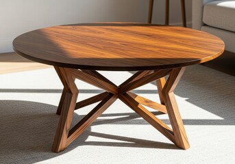 Round wooden coffee table with a unique geometric base