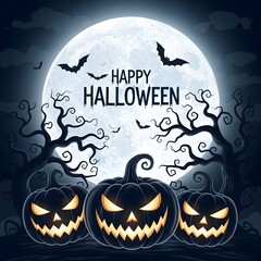 Spooky halloween night with jack-o-lanterns bats and full moon for festive celebration