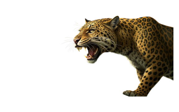 A digitally rendered leopard with an open mouth and visible teeth on a black background