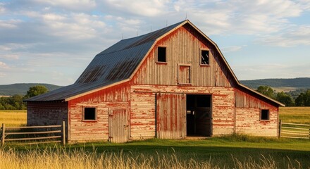 Obraz premium Rustic red barn in a field at sunset