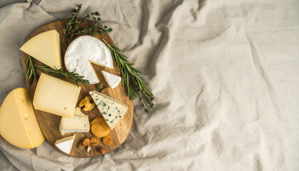 Flatlay of Assorted Cheeses with Fresh Herbs. Shavuot Jewish Festival. Generated Image