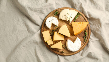 Flatlay of Assorted Cheeses with Fresh Herbs. Shavuot Jewish Festival. Generated Image