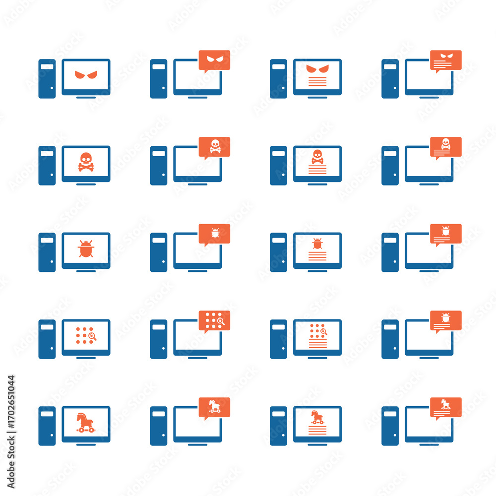 Poster malware desktop icon set. hacking concept.