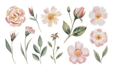 Hand paint pastel floral elements set isolated for textile design.