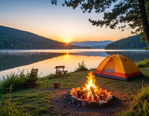 湖畔のキャンプと焚き火、夕暮れのアウトドア風景