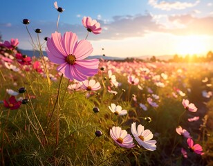 夕日に照らされるコスモス畑と広がる秋の景色