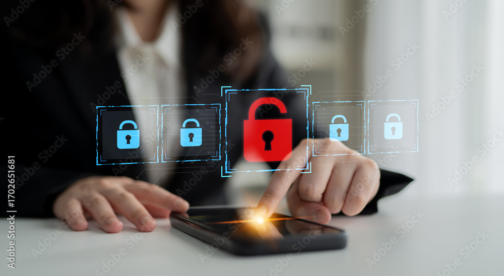 Poster digital security concept illustrating a cybersecurity breach, with a red unlocked padlock indicating