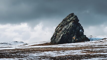 A large rock formation on a snowy landscape under a cloudy sky