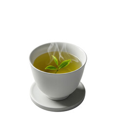 Minimalist porcelain teacup with steaming green tea, wispy steam, and a fresh leaf floating on a grey coaster, against a seamless studio background. High-key product concept