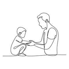 One line Art drawing of father giving hand to his child. Mother care in continuous line drawing design style. with white background
