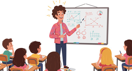 Cartoon teacher explaining graph, classroom education scene, children learning, math class illustration, whiteboard presentation, school kids studying