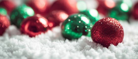 Festive christmas ornaments on snowy surface holiday decoration close-up