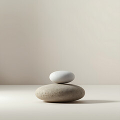 The minimalist design features a single smooth stone, symbolizing focus and stability, and a neutral background in soft beige and gray, with a clean, elegant aesthetic.