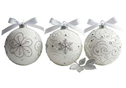 Three transparent porcelain Christmas ornaments, intricate silver glitter, snowflake motifs, rhinestones, on a transparent background with silver dust. High-end Christmas elegance