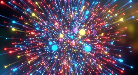 A vibrant explosion of radiant light streaks, bursting outward from a central point, filled with colorful particles and geometric shapes against a dark background.