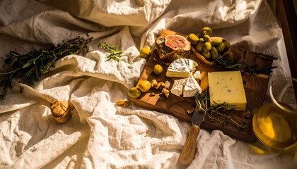 Flatlay of Assorted Cheeses with Fresh Herbs. Shavuot Jewish Festival. Generated Image